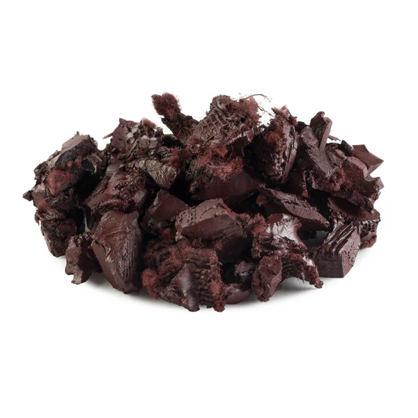 A pile of brown, rough-textured solid rubber chunks arranged on a white background.